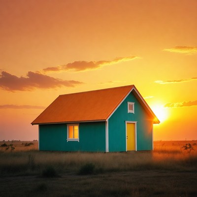 Turquoise House with Orange Roof at Sunset