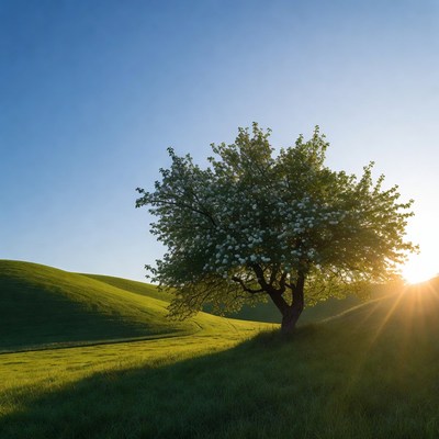Blossoming Tree on Green Hills at Sunset