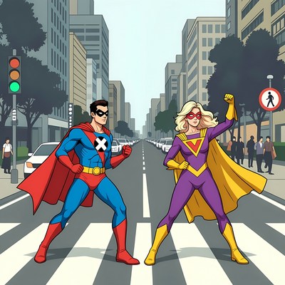Superhero couple crossing city street