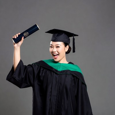 Asian woman holding graduation diploma