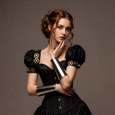 Woman in Steampunk Black Corset Dress