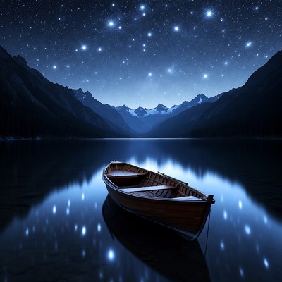 Rowboat on lake under starry mountains