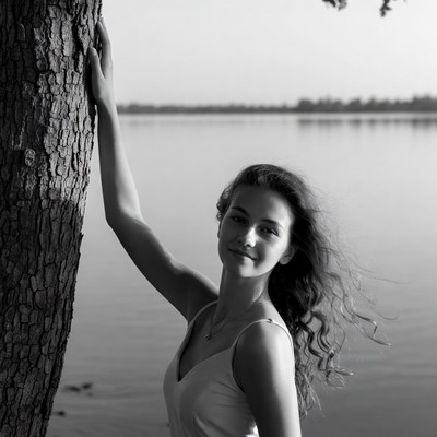 Young woman leaning on tree by lake