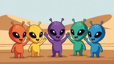 Five colorful cartoon aliens waving