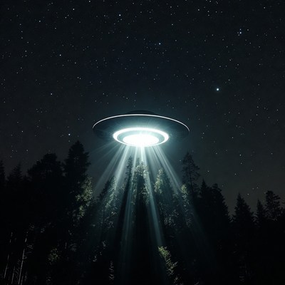 UFO beaming light over trees