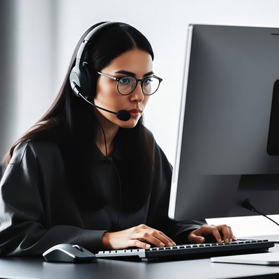 Asian woman working at computer with headset