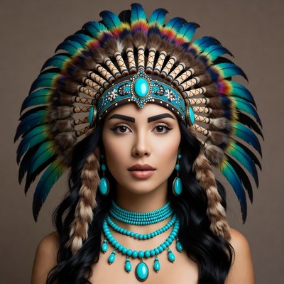 Woman in turquoise Native American headdress