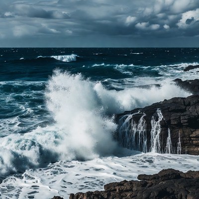 Waves crashing on rocky ocean shore