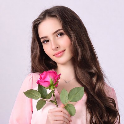 Young woman holding pink rose
