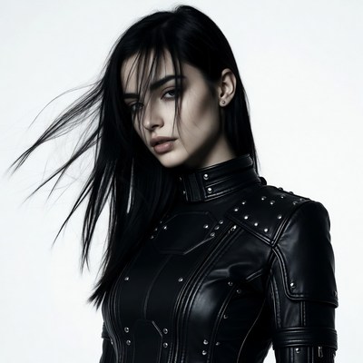Asian woman in black leather outfit