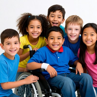 Diverse children smiling with boy in wheelchair