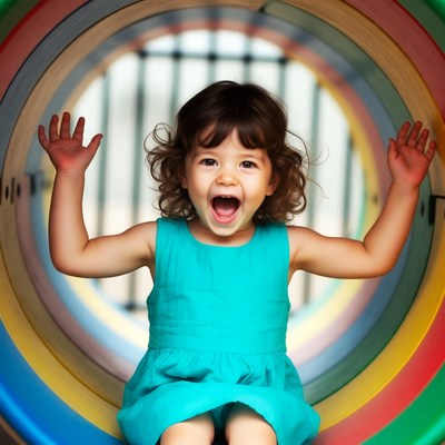 Happy girl in colorful tunnel