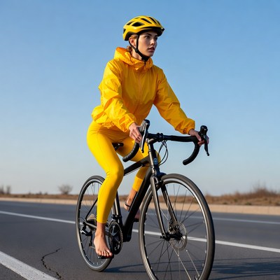 Woman cycling in yellow rain jacket