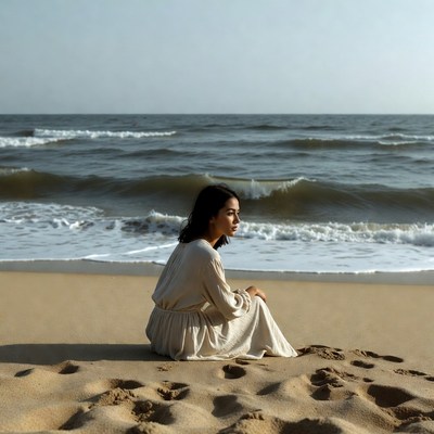 Asian woman sitting on beach