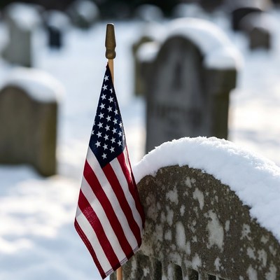 American flag on snowy gravestone