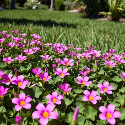 Pink Flowers Blooming in Green Lawn