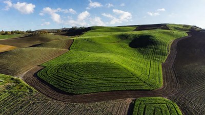 Aerial View of Rolling Green Fields