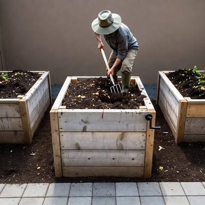 Man gardening in raised beds
