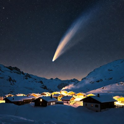 Comet over snowy alpine village