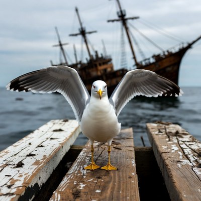 Seagull on pier with shipwreck