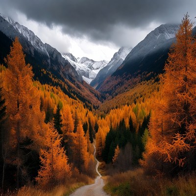 Autumn Valley with Snowy Mountains