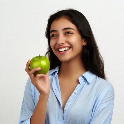 Young woman holding green apple