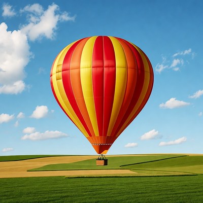 Red Yellow Hot Air Balloon Over Fields