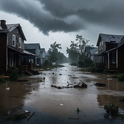 Flooded Street with Damaged Houses