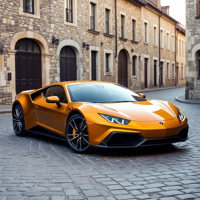 Orange Lamborghini parked on cobblestone street