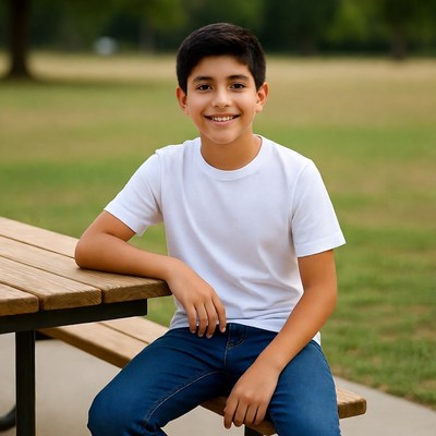 Smiling Latino boy on park bench