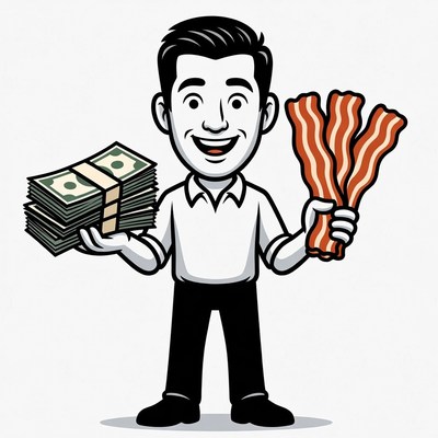 Man holding cash and bacon