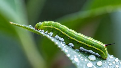 Green caterpillar on dewy leaf