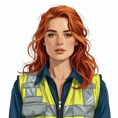 Redhead woman in yellow safety vest