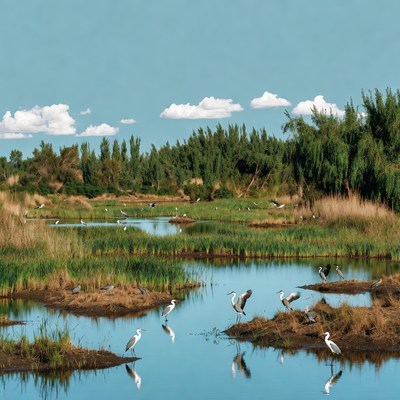 Flock of egrets in wetland marsh