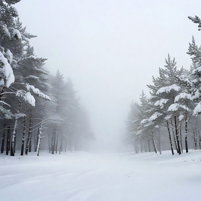 Snowy Pine Forest Path in Fog