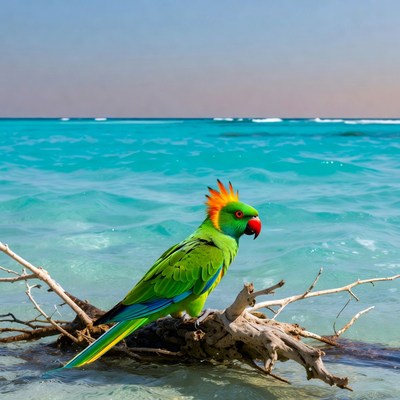 Green Parrot on Driftwood Beach