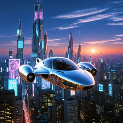 Flying Car Over Futuristic City