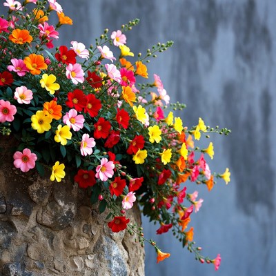 Colorful Flowers in Stone Basket