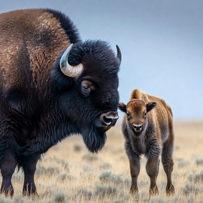 Adult Bison with Calf in Grassland
