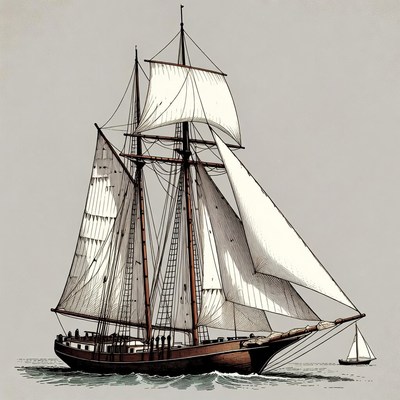 Sailing Ship with Crew on Sea