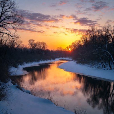 Winter River Sunset with Snowy Trees