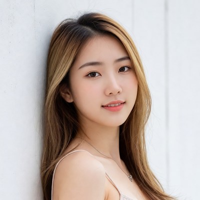 Asian woman leaning against white wall