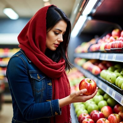 Woman holding red apple in grocery store