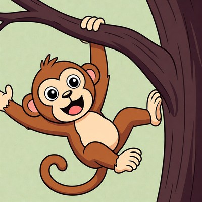 Cartoon monkey hanging on tree branch