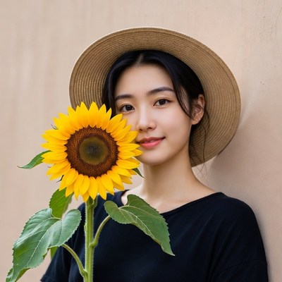 Asian woman holding sunflower hat
