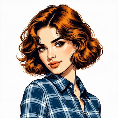 Woman with curly red hair in plaid shirt
