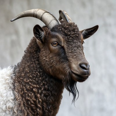 Brown curly-haired goat portrait