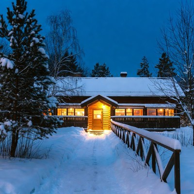 Snowy Wooden Cabin at Night