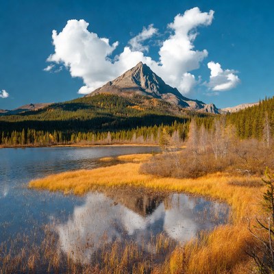 Mountain Peak Reflecting in Autumn Lake