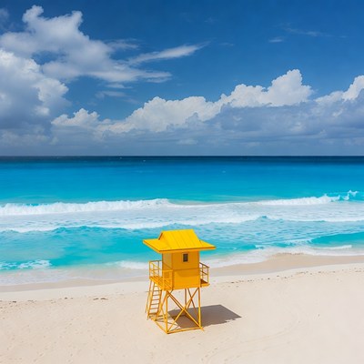 Yellow Lifeguard Tower on Tropical Beach